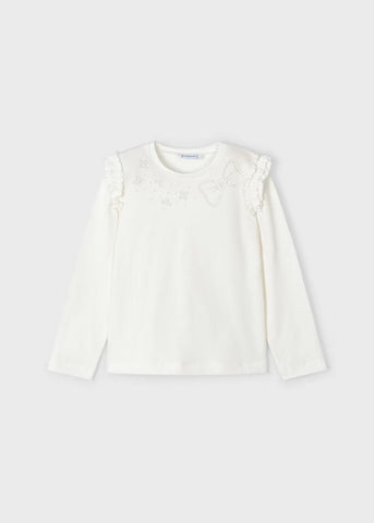 Mayoral T-shirt Mayoral Cream Pearly Bow Long Sleeved T-Shirt