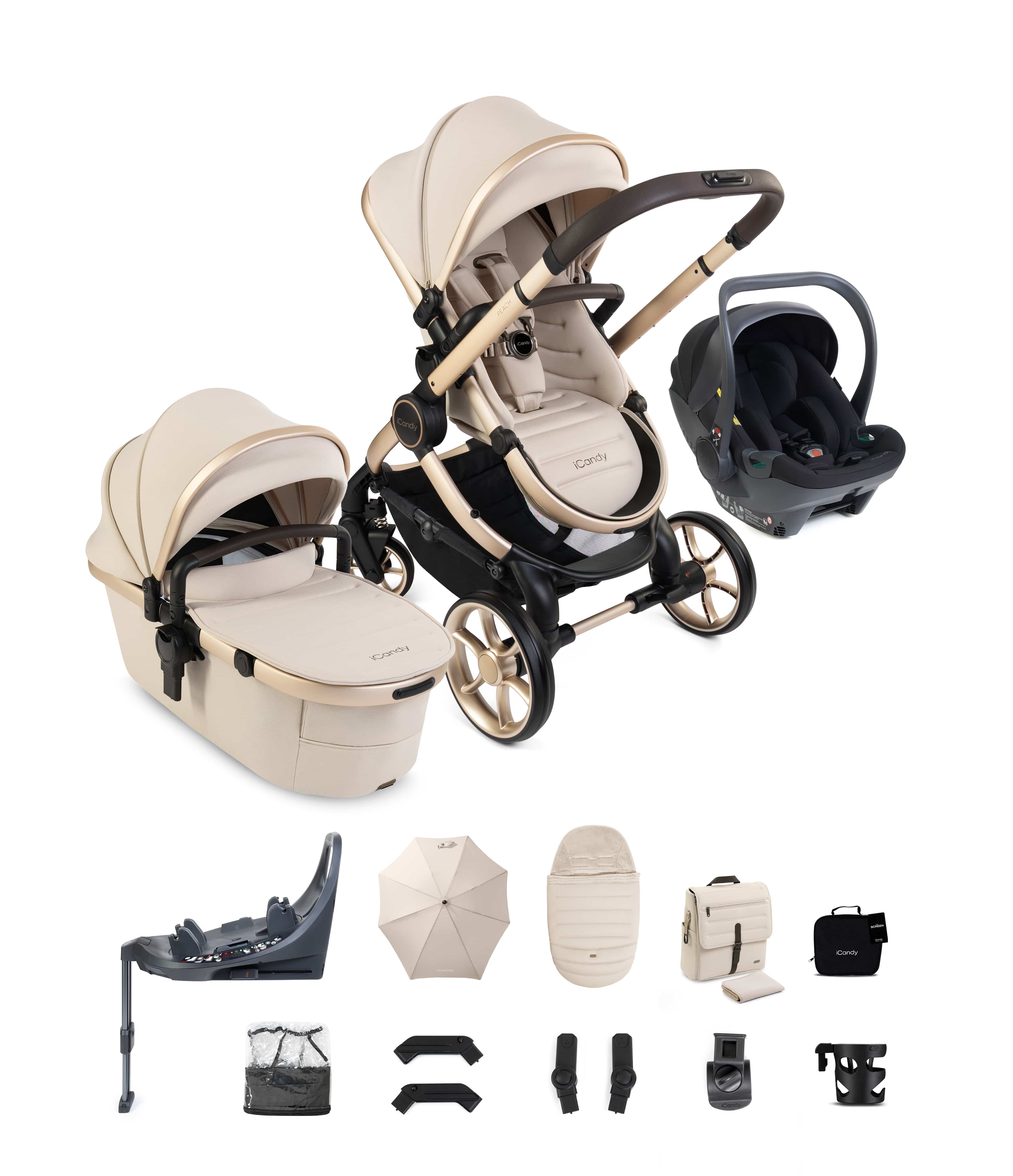 iCandy Prams & Pushchairs iCandy Peach 8 Complete Bundle  with 360 Cocoon Black Car Seat & Base- Biscotti