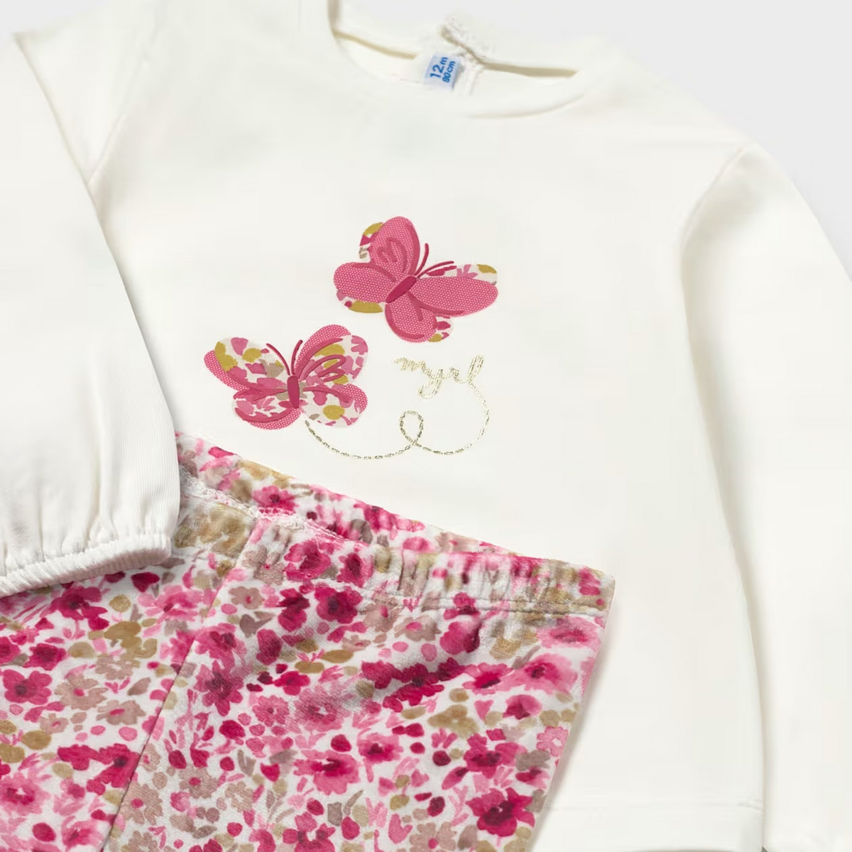 Mayoral 3 Piece Set Mayoral Pink, Floral 3 piece set with fur Gilet