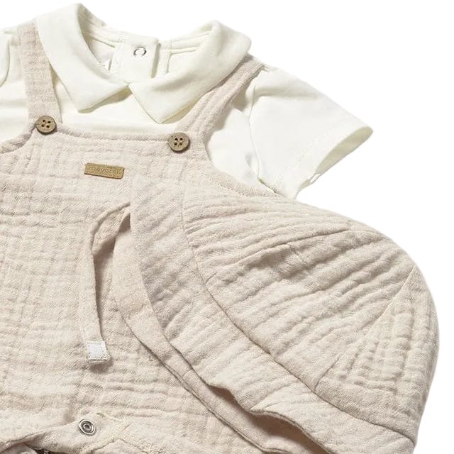 Mayoral Romper Mayoral Beige Dungaree Romper with White T-Shirt & Hat