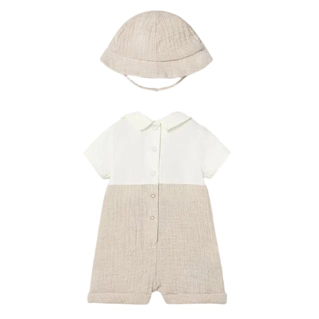 Mayoral Romper Mayoral Beige Dungaree Romper with White T-Shirt & Hat