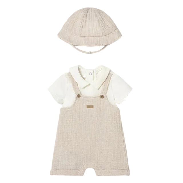 Mayoral Romper Mayoral Beige Dungaree Romper with White T-Shirt & Hat