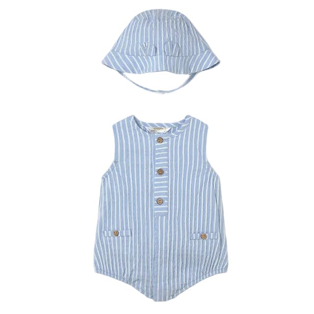 Mayoral Romper Mayoral Sky Blue Pin Stripe Romper with Hat