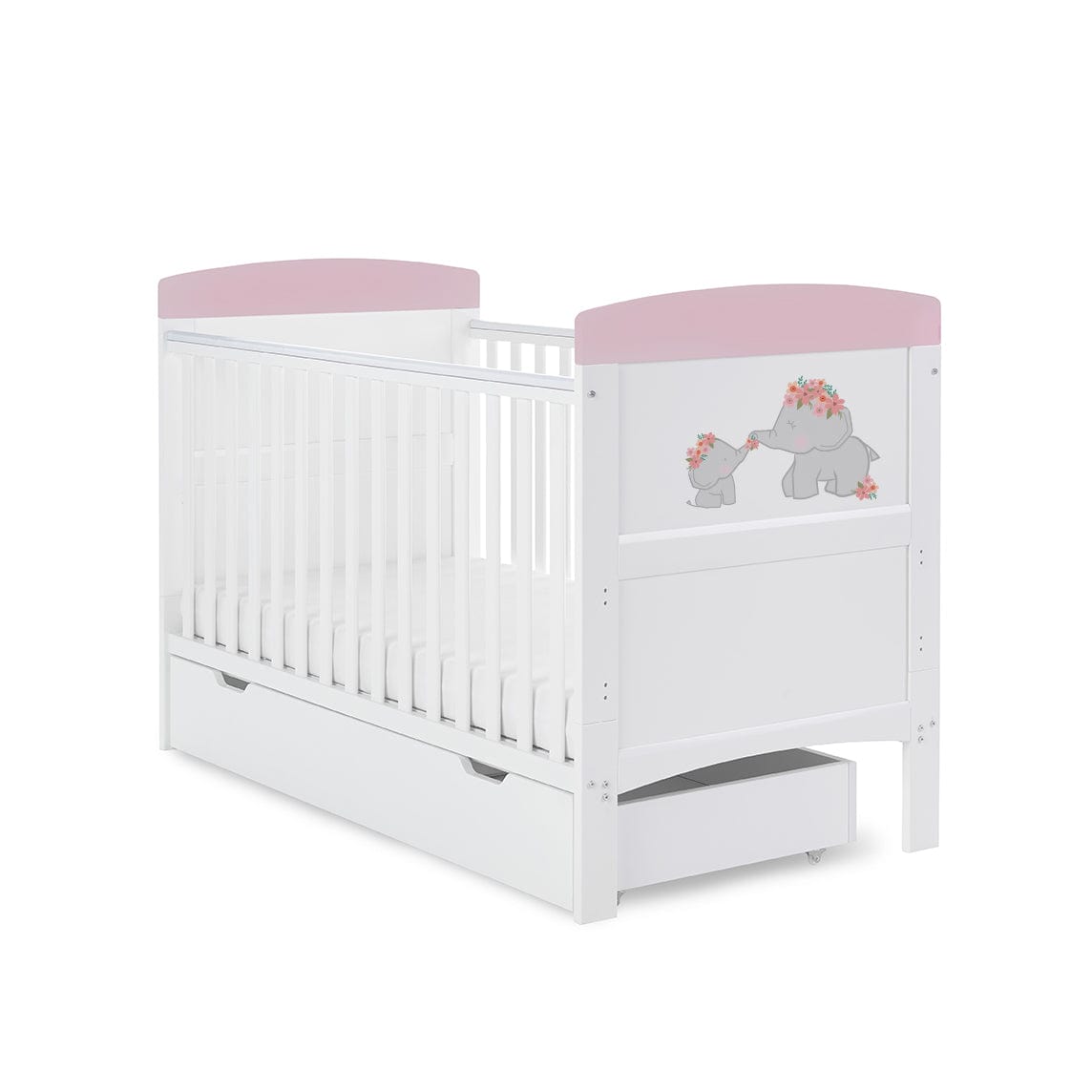 Obaby Cot & Cot Bed Cot Bed & Under Drawer OBABY Grace Inspire Cot Bed - Me & Mini Me Elephants - Pink