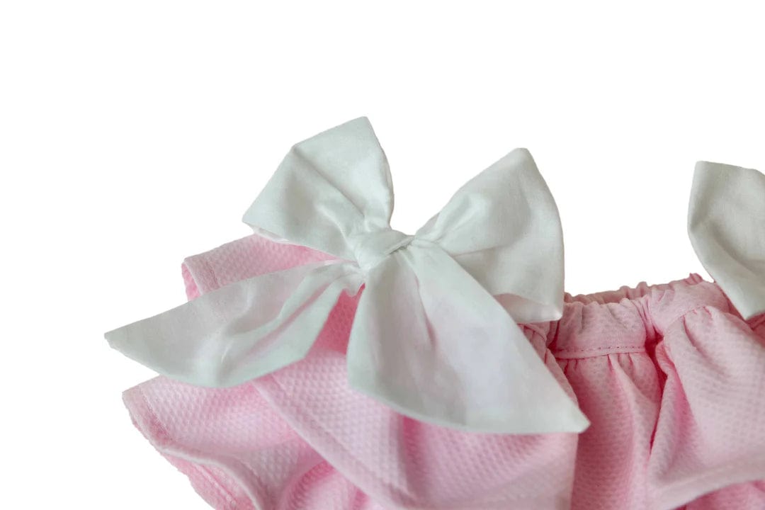 Baby Gi Two Piece Set Baby Gi Girls White & Pink Collared Romper & Pique Bloomers Set