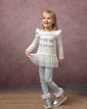 Caramelo Two Piece Set Caramelo Girls White/Blue Diamante Bow Tunic & Legging Set