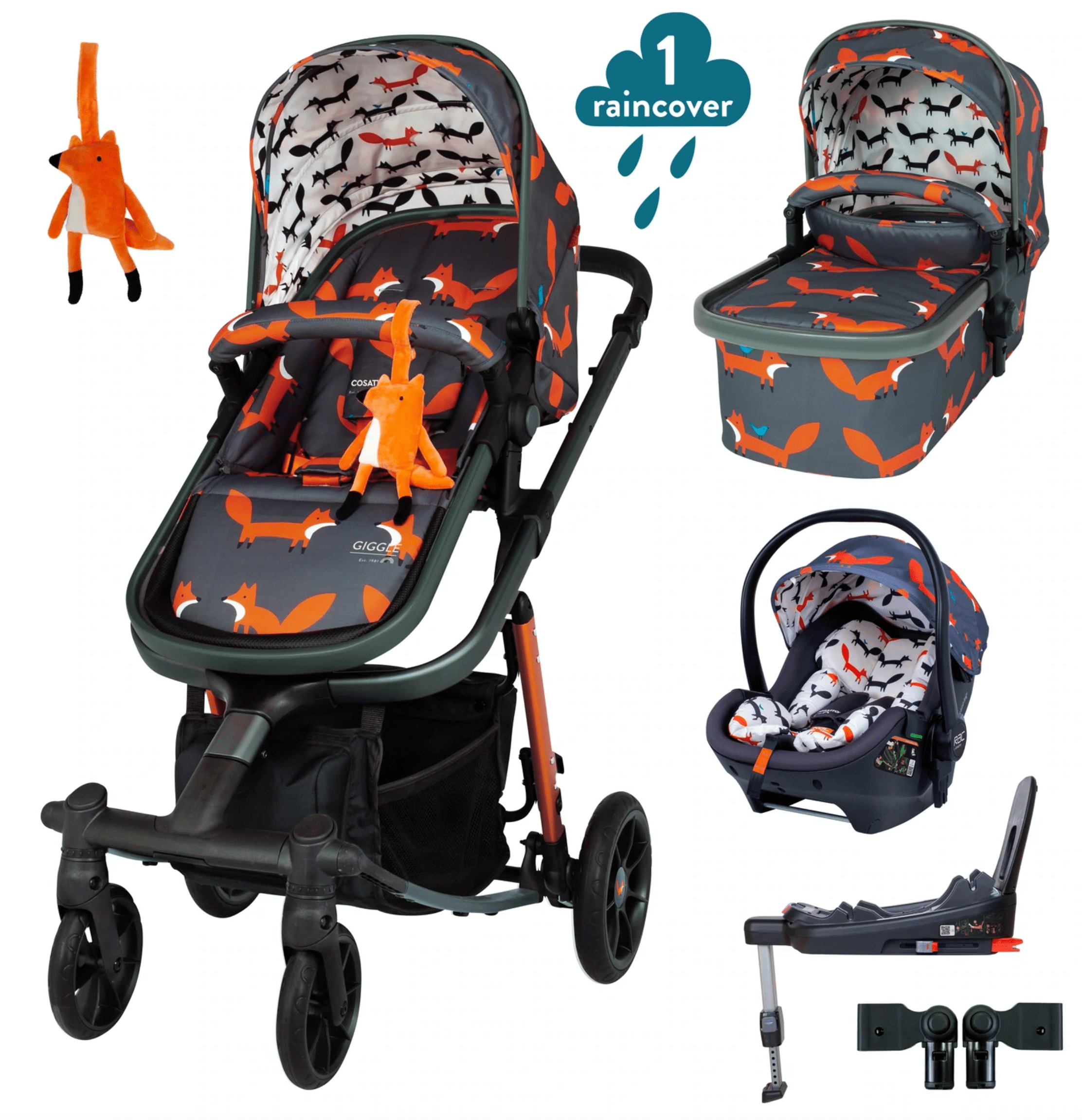 Cosatto Prams Charcoal Mister Fox Cosatto Giggle Quad Car Seat and i-size Base Bundle - Direct Delivery