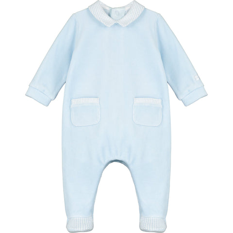 Emile et Rose Babygrow Emile Et Rose 'Crispin' Velour AIO with checked collar, pockets & toes