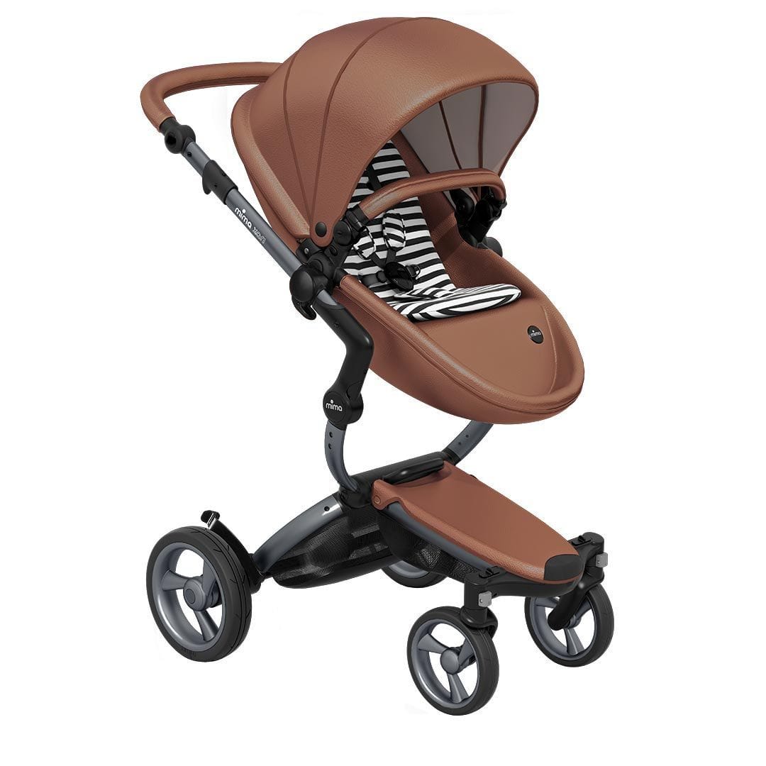 Mima-Xari-Single-Pushchair-Camel-Flair-with-Graphite-Grey-Chassis-Black-and-white-stripe